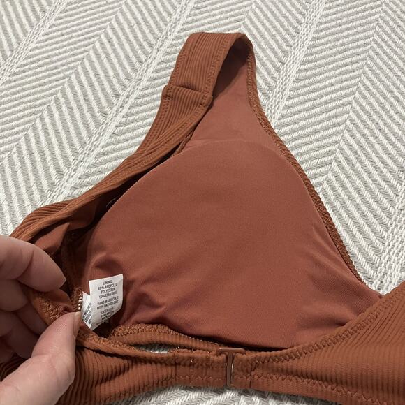 Aerie Swimsuit Top Clay Rust Ribbed Round Scoop Neck Bikini Lightly Padded Sz M - Picture 10 of 10